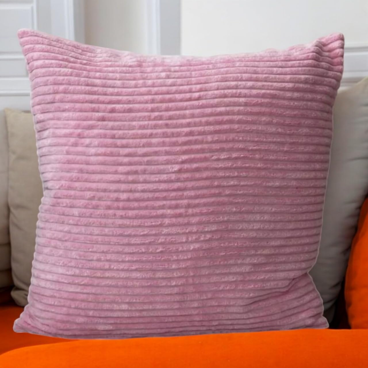 Seechoo Corduroy Cushion Covers, Set of 2, 45 x 45 cm, Striped, with Invisible Zipper, 18 x 18 Inch (Baby Pink) - Image 2