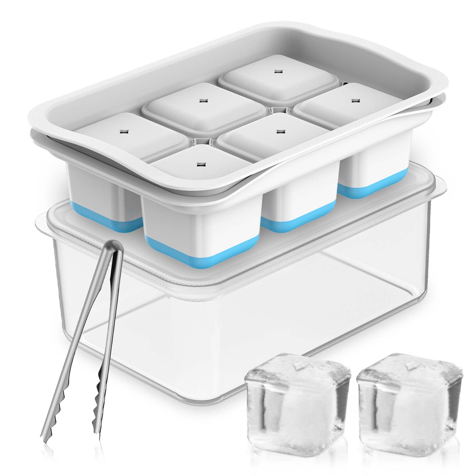 Large Ice Cube Tray with Lid, 2.2 Inch Big Ice Cube Trays, Stackable Square Ice Cube Tray, Easy Release & BPA Free, Silicone Ice Cube Maker for Whiskey, Cocktails, Bourbon