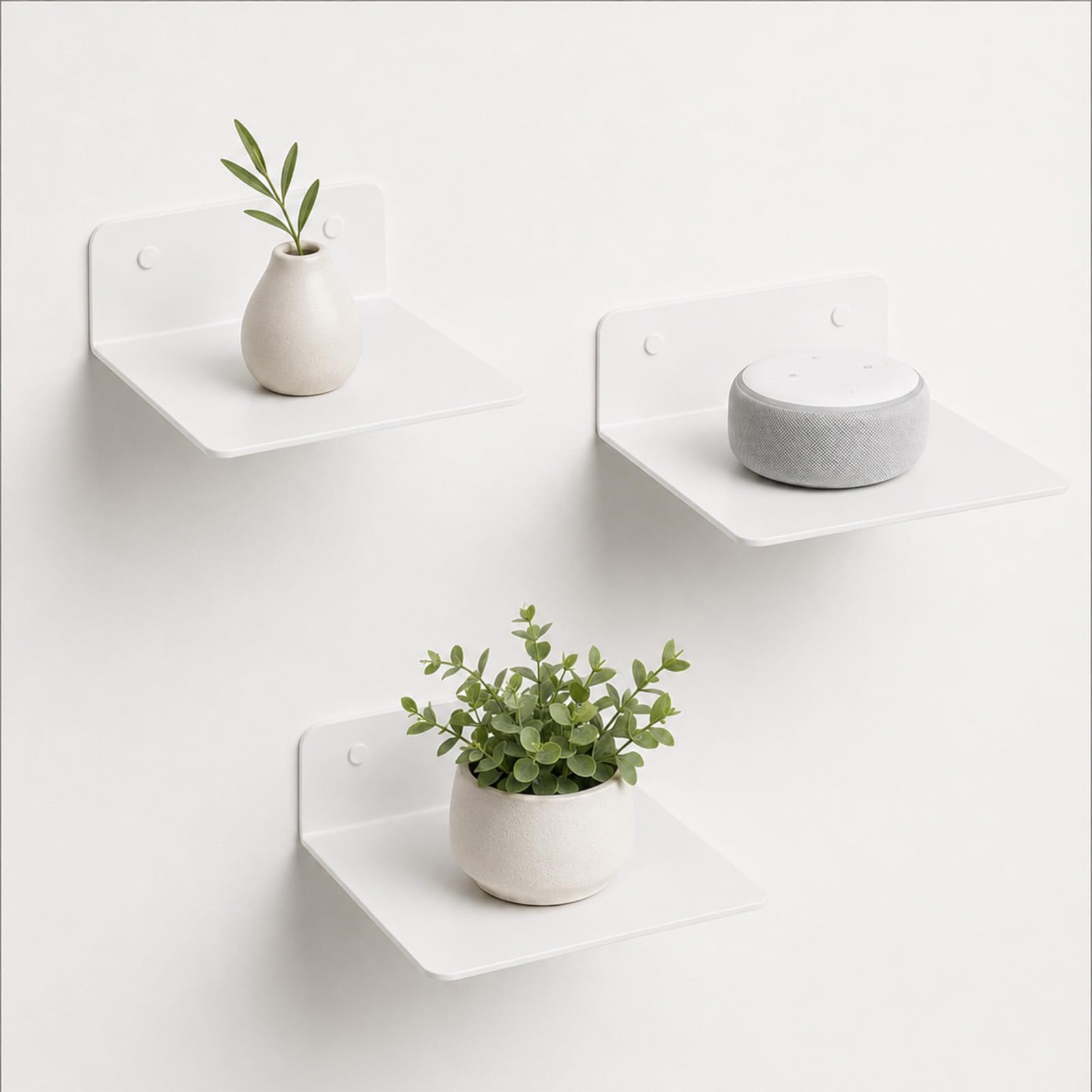 FERNVALE Wall Shelf White Mini Floating Shelves Drilling or Adhesive Wall Shelf for Smart Speaker Camera Clock Plant Display Wall Mounted Storage Shelf for Bedroom Bathroom Living Room (3-Pack)
