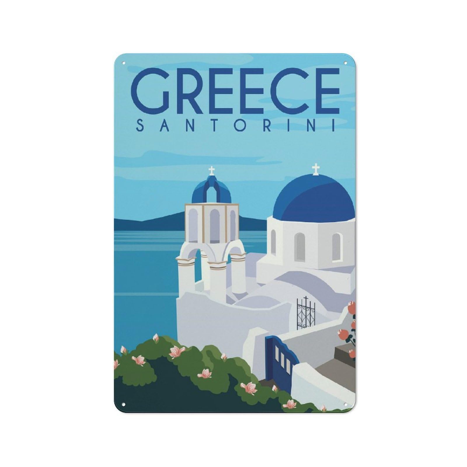 Junmoney Style-18 Tin Wall Plaque 30X20cm With Santorini Greece For Workshop Wall, Housewarming Wall Decor For People Furnishing Workshop