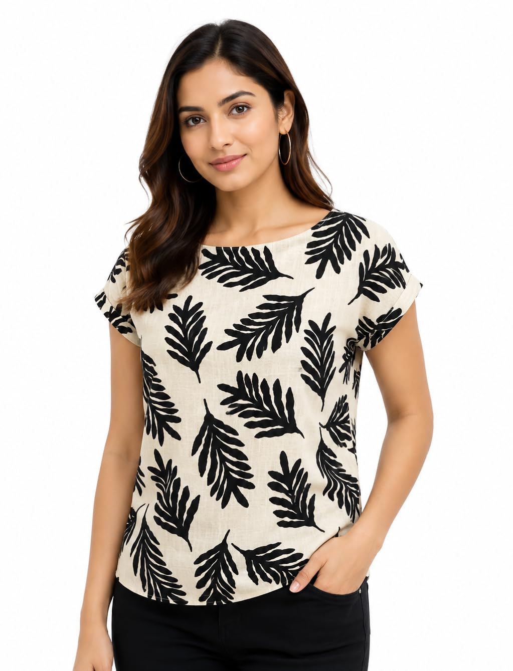 asara Women's Free Size Linen Printed Top | Adjustable Back Tie-Up Belt | Fits S, M & L | Boat Neck Cap Sleeve Casual Summer Western Top for Women (in, Alpha, Free Size, Regular, Black Palm Leaf)-picture-49
