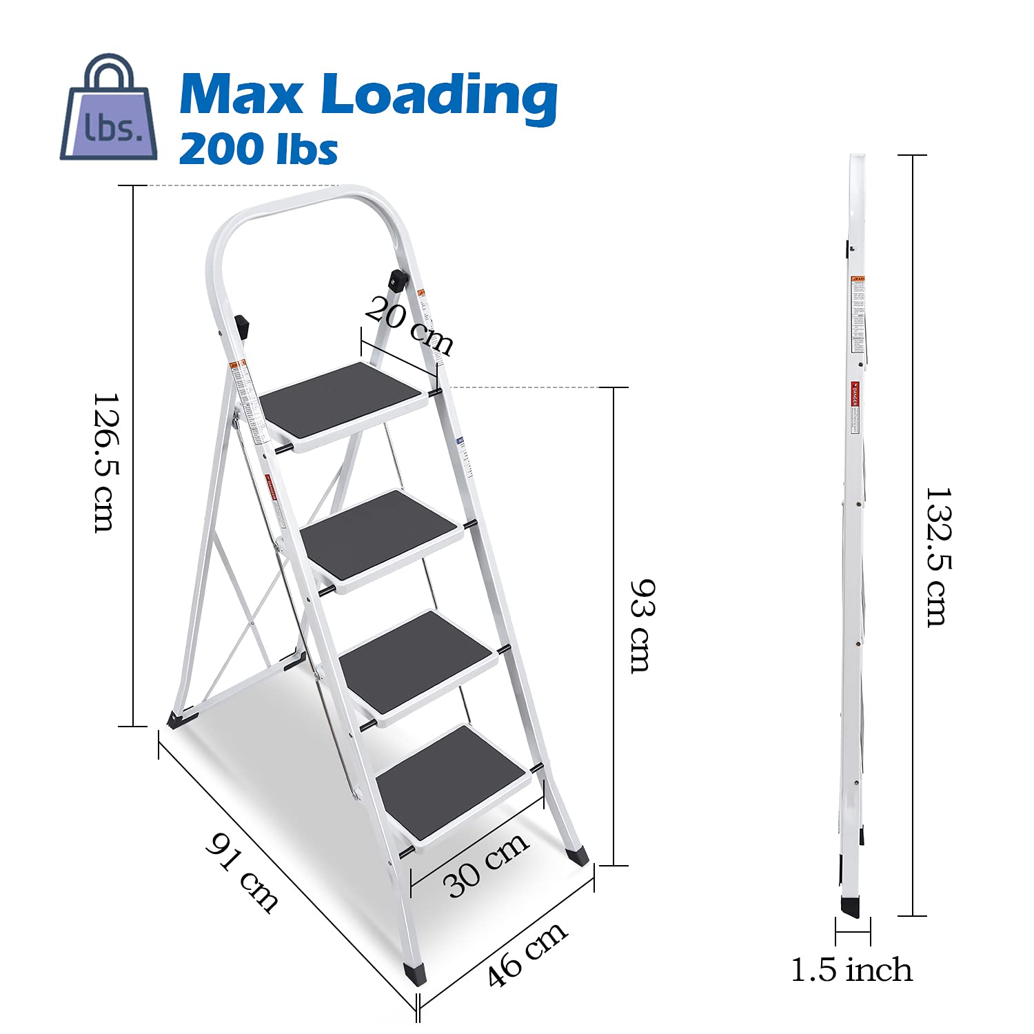 KINGRACK Escalera 4 Peldaños con Asa, Patas de Goma Antideslizantes y Pedal Ancho, MAX 150 kg, Peldaños para Cocinas, Casa, Exteriores, Adultos