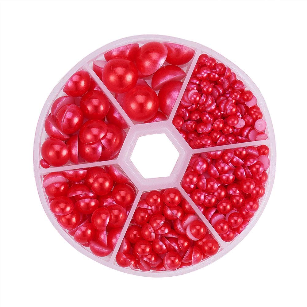 PH PandaHall 690pcs Half Round Pearl Beads 6 Sizes Flat Back Pearl Cabochon Faux Pearl Beads for DIY Scrapbook Phone Case Wedding Decor Hair Accessory Nail Art, Red, 4/5/6/8/10/12mm