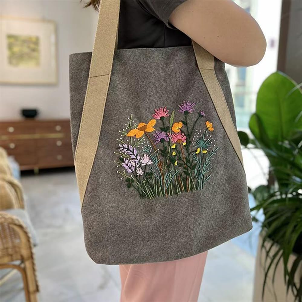 VWV-Whizzing Embroidery Canvas Tote Bag DIY Kit for Beginners, Complete with Pattern, Hoops, Color Threads, Tools & Detailed Instructions for Adults (15X16.5(in) Grey)