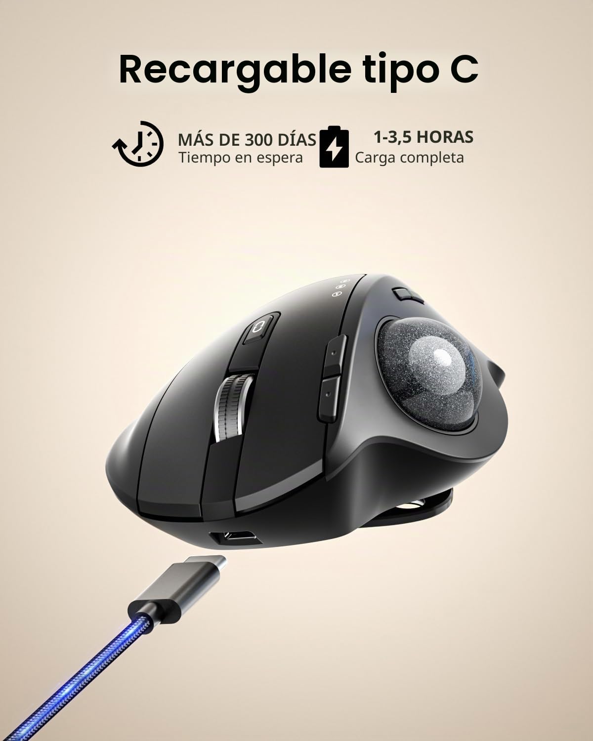 ProtoArc EM01 NL Trackball Ratón Inalámbrico, 2.4G USB & Bluetooth, Control del Pulgar, Ángulo Ajustable, 5 dpi Ajustable, Recargable, Ratón Ergonómico para PC/Mac/Pad/Windows