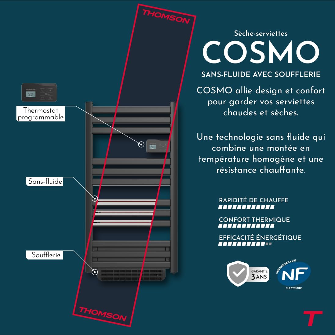THOMSON- Sèche-serviette électrique sans fluide connecté WiFi avec soufflerie 500 + 1000W Thomson COSMO noir