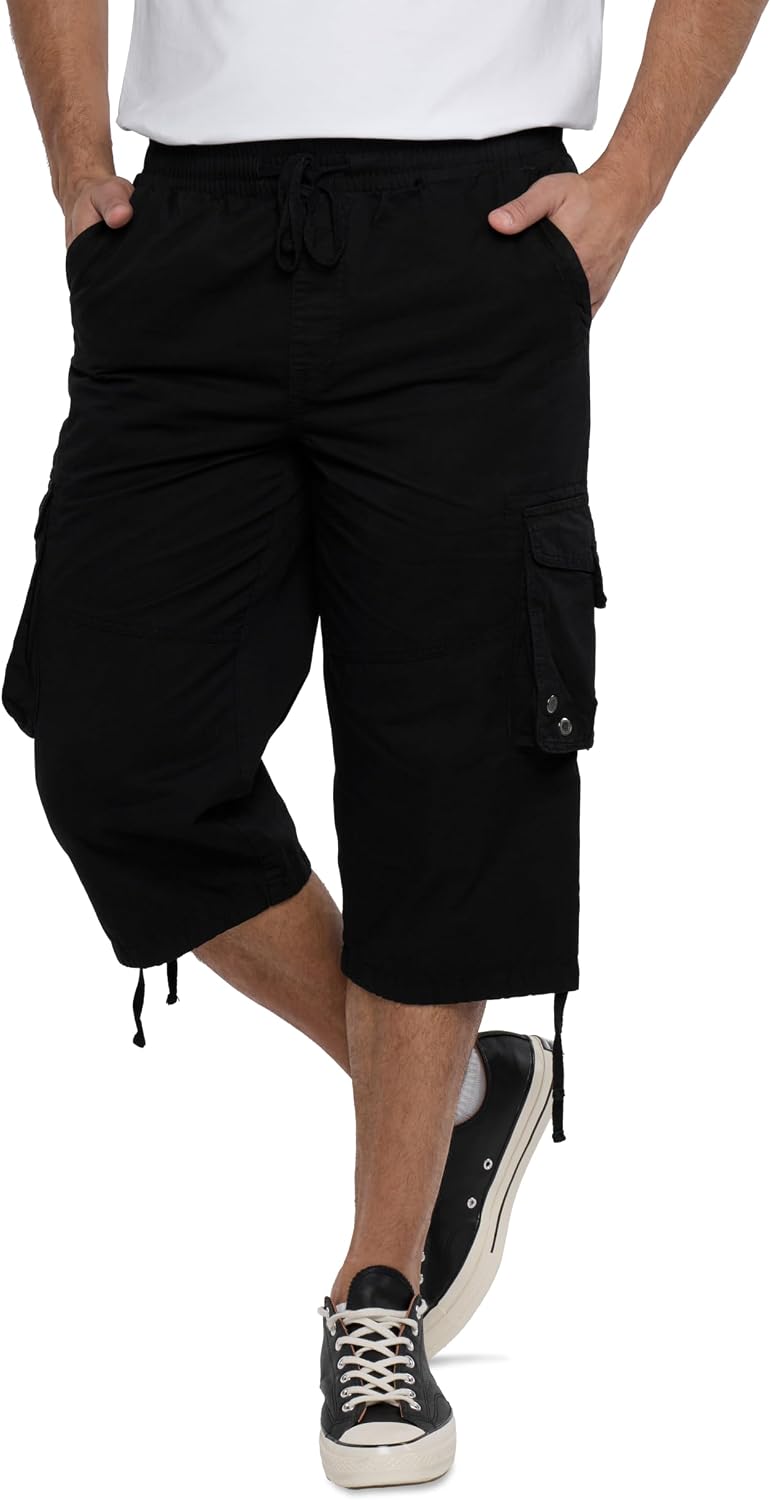 X RAY Men's%100 Cotton 18" Inseam Elastic Waistband Long Cargo Shorts, Below Knee Length (3/4) Men Cargo Short Pants