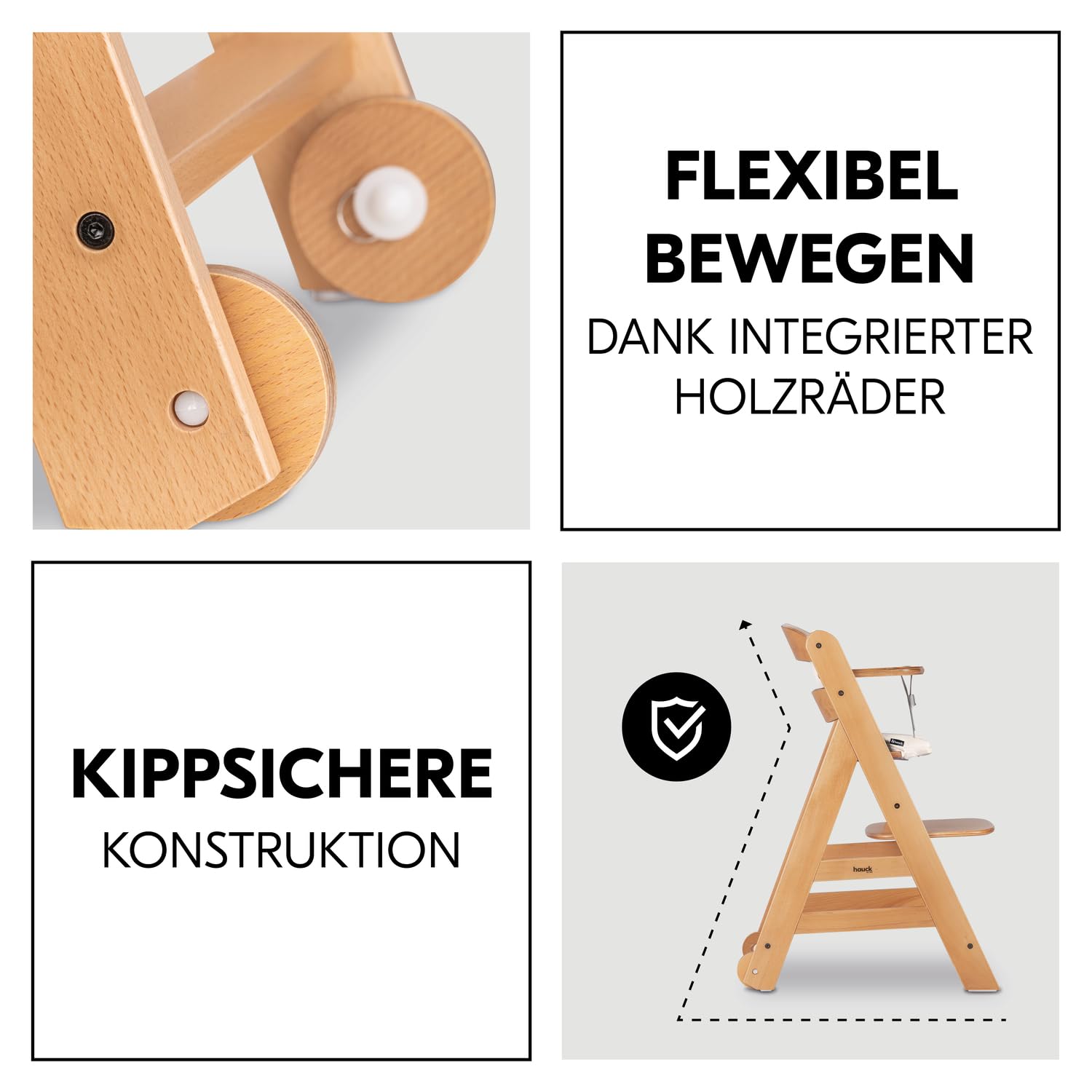 Hauck Beta+ Mitwachsender Holzhochstuhl Set mit Rädern, Buche, Sitzkissen, Essbrett, Schutzbügel, 5-Punkt-Gurt, ab 6 Monaten bis 90 kg