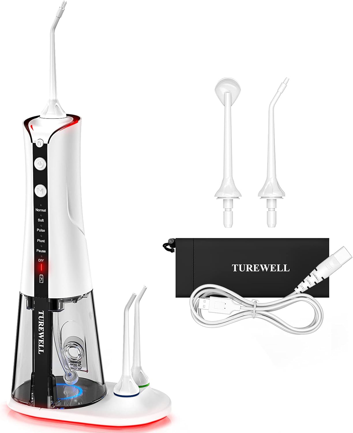 TUREWELL Irrigador Oral Portátil, Irrigador Bucal Profesional de 300 ml con 6 Modos, IPX7 Impermeable Recargable Irrigador Oral para Viajes/Hogar(Blanco)