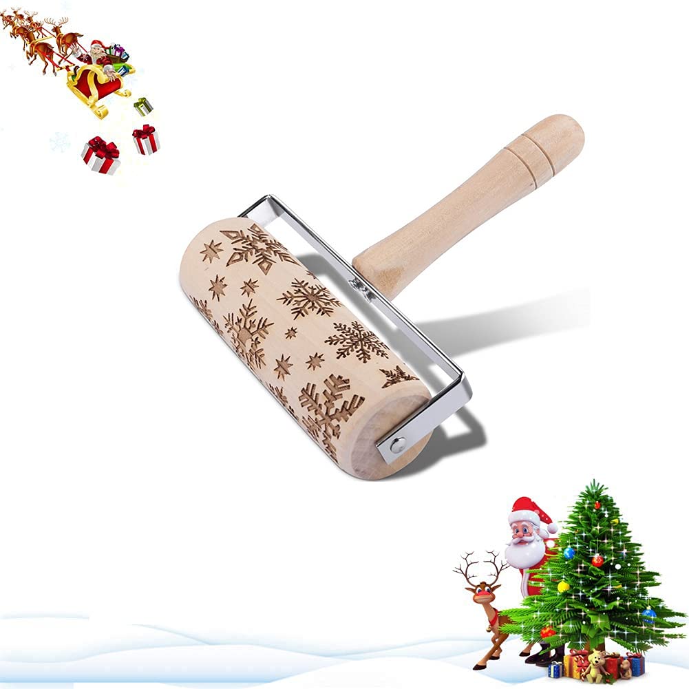 Rodillo de amasar en Relieve de Mano, Rodillo de amasar Grabado a Mano de Madera de Navidad, Rodillo de Masa Profesional en Relieve Antiadherente para Hornear, Galletas con Patrones