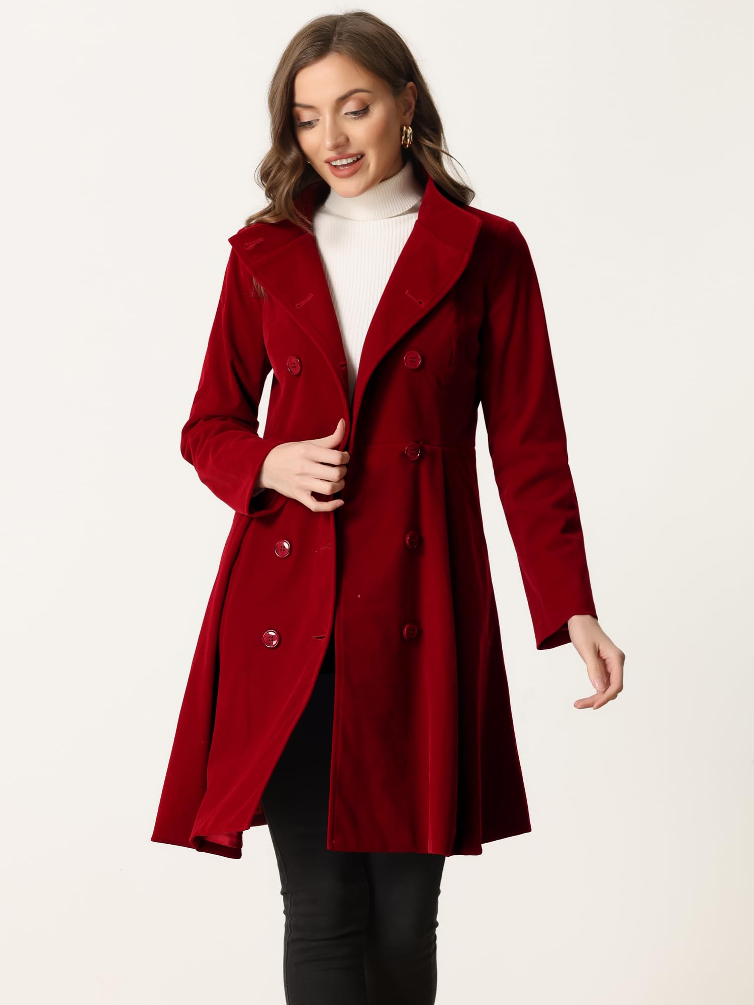 Allegra K Manteau A-Line en Velours pour Femmes Caban Mi-Long d'Hiver Trench-coats à Double Boutonnage