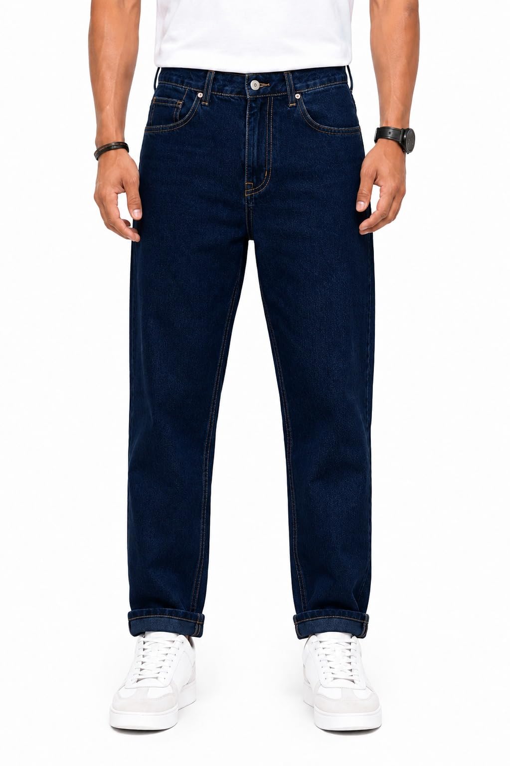 Men's Dark Blue Relaxed Mom Fit Denim Jeans | Mid Rise Straight Leg Casual Cotton Jeans | Classic 5-Pocket Everyday Wear Pants-image-41