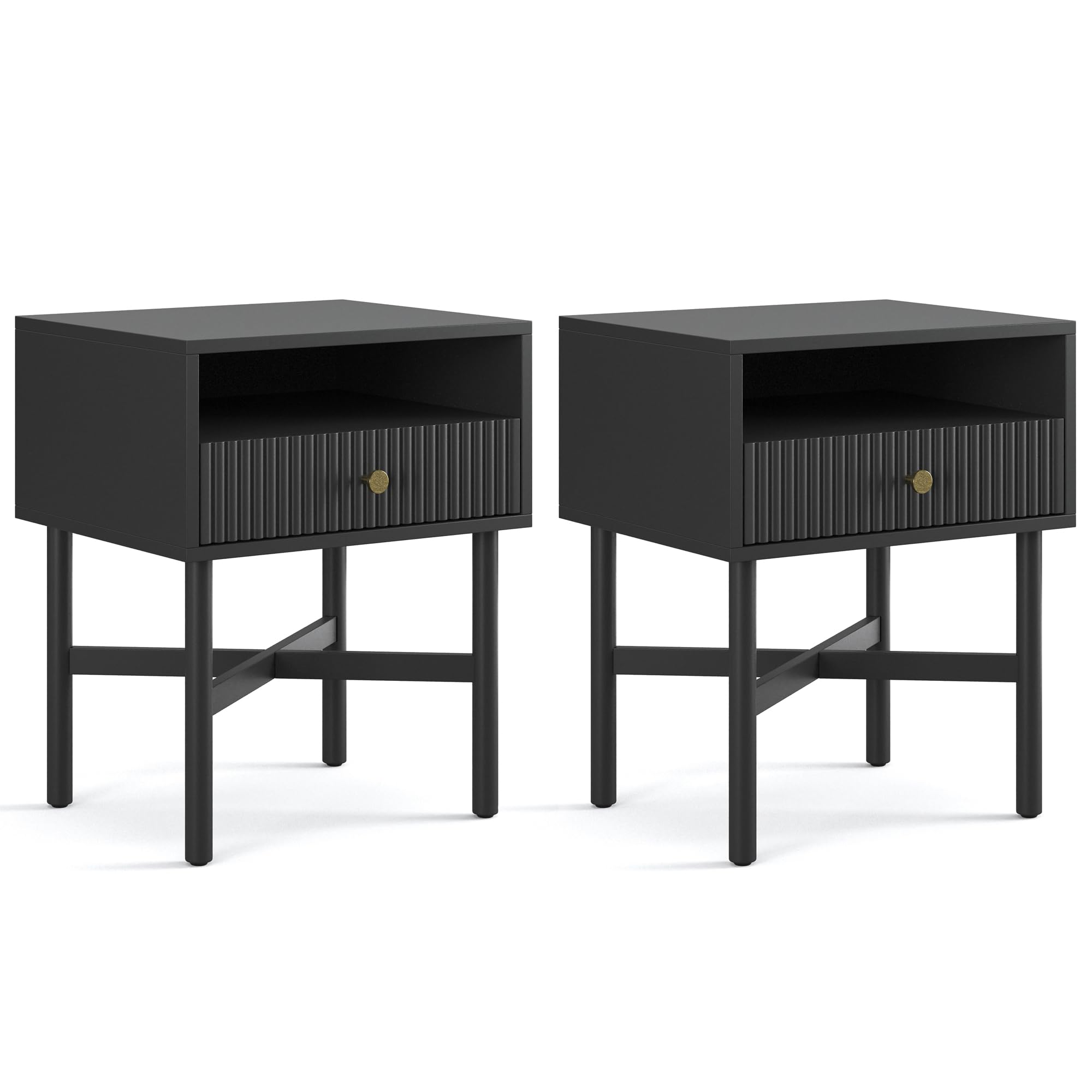 Photo 1 of **SEE NOTES**Fluted Modern Nightstand Set of 2 - Living Room and Bedroom Furniture - Small Wooden Fluted Side Table with Open Shelf Storage and Drawer - Solid Sliding Drawer and Solid Wood Legs (Black Finish) Black Nightstand
