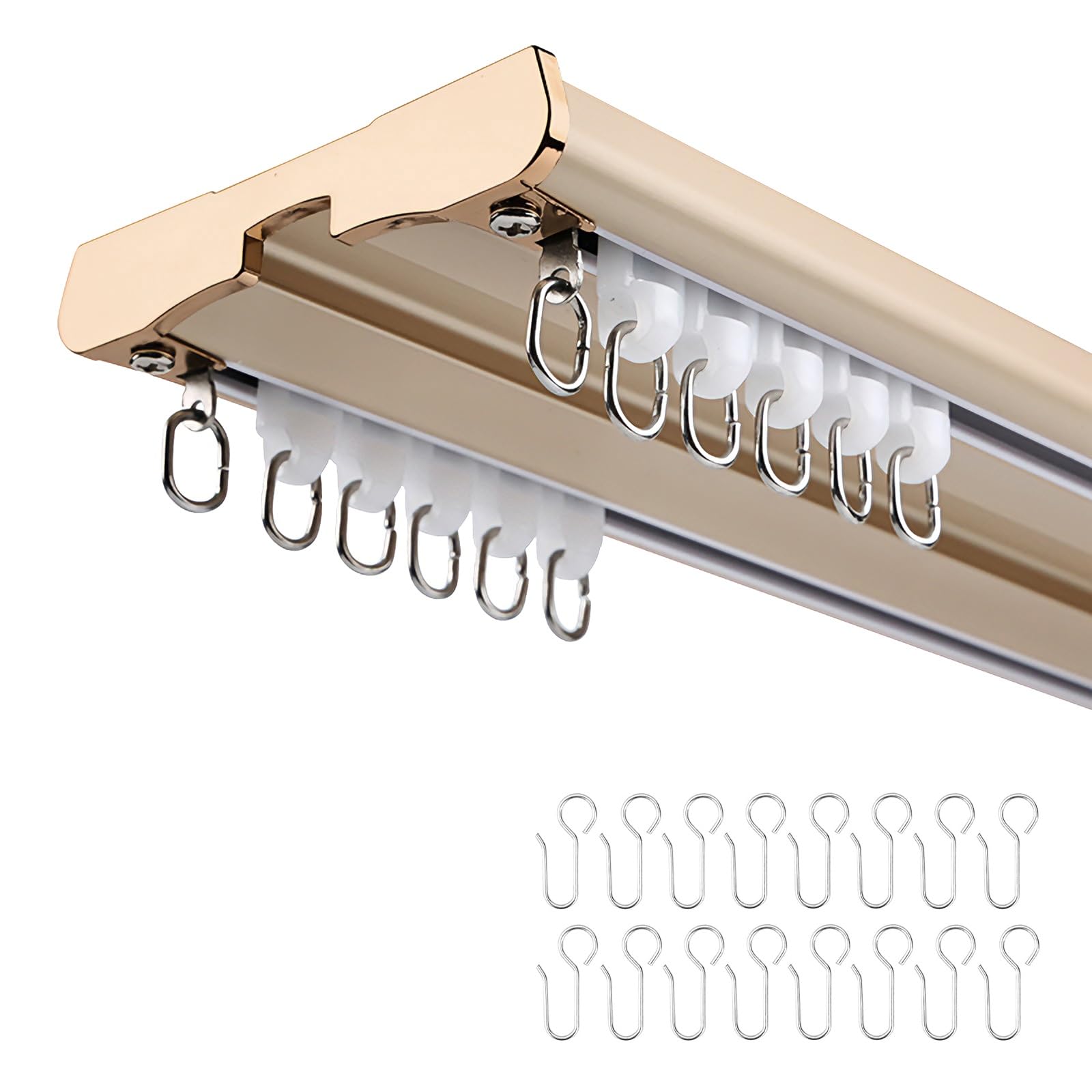 Binario per Tende Doppia Fila, Binario Tenda Scorrevoli con Rulli Silenziosi Bastone per Tende In Alluminio da Soffitto Completo di tutti gli accessori per la casa in Ufficio divisore(Oro,250CM)