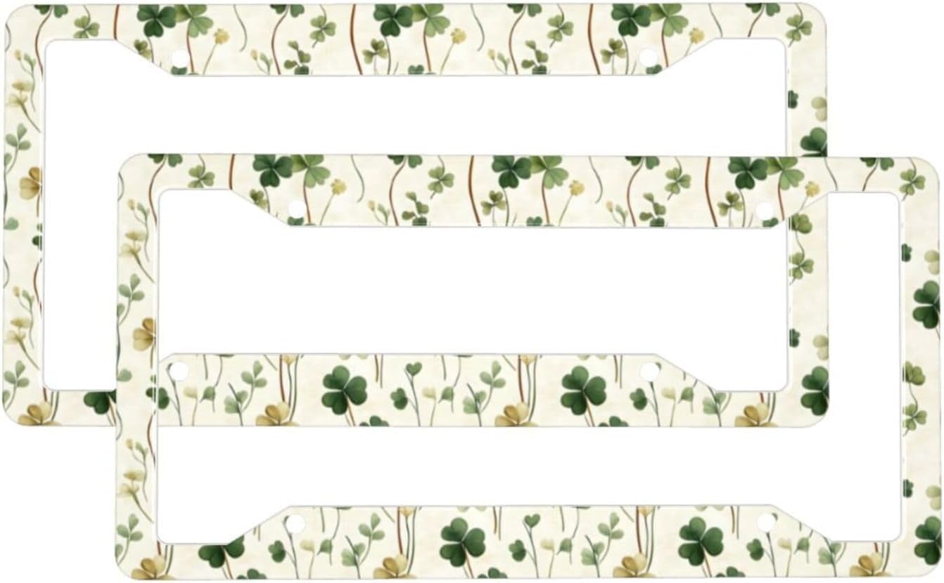 2 Pcs Car License Plate Frames for Women Men – Vintage Grass Green Print Solid Aluminum License Plate Cover for Car Accessories with Fasteners and