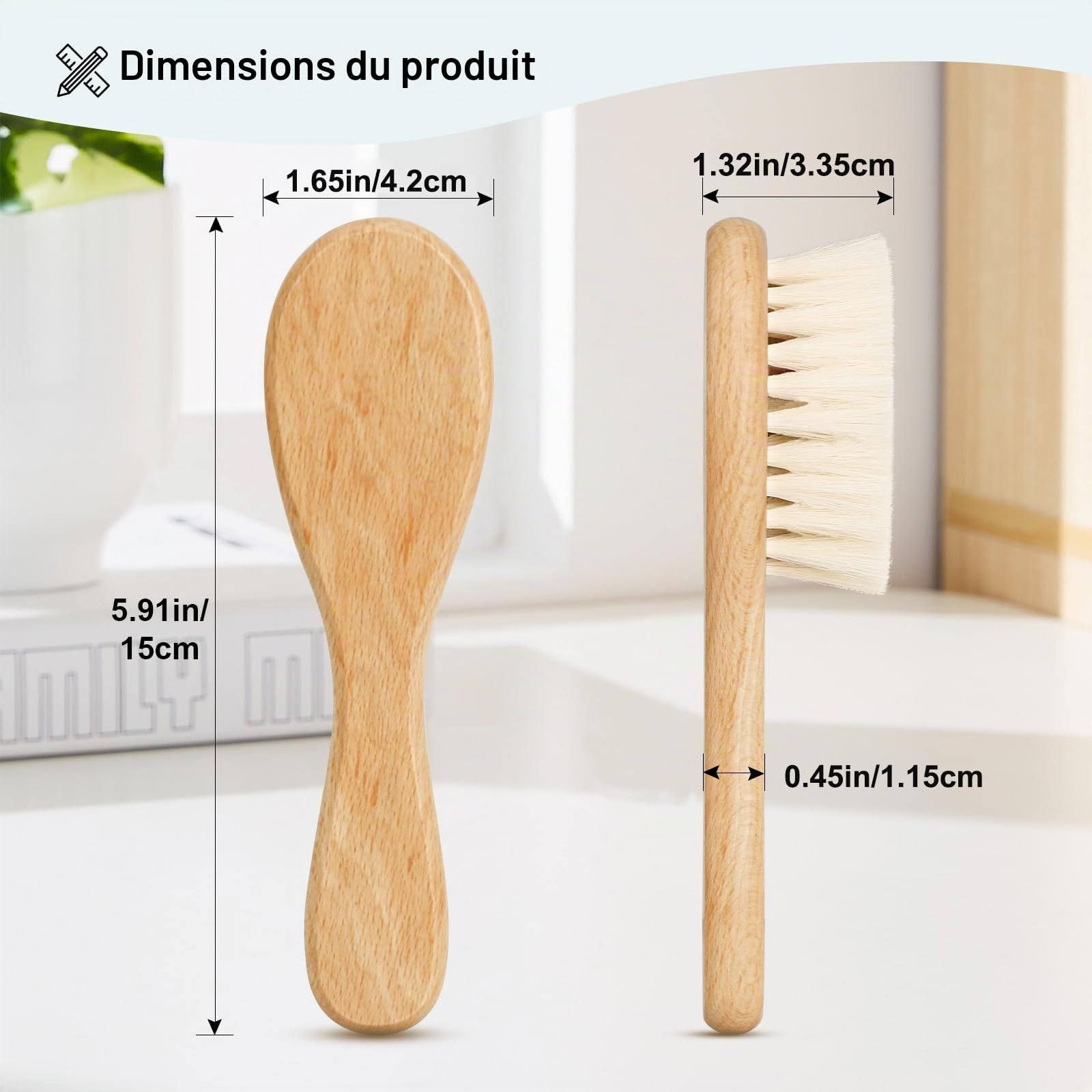 Brosse cheveux bebe, à cheveux Poils de chèvre doux Premium Brosse à bébé en bois pour Cradle Cap, garçons et filles, pour enfant et nouveau-né, Vert Brosse de chapeau de berceau