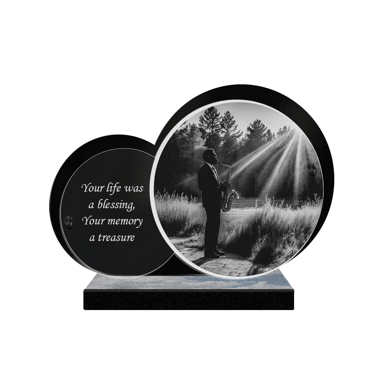 ETERNEL - Personalized Double Circle Memorial Plaque - Jazz, Music, Musician - Customizable text, laser-engraved memorial plaque for tribute, tombstone, cemetery burial.