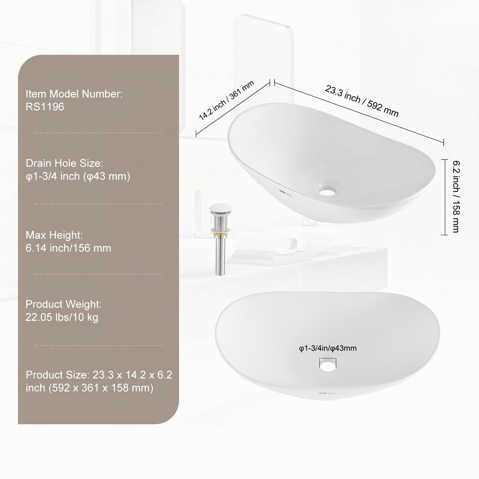 VEVOR Lavabo Ovalado de Cerámica Blanca para Baño, 592 x 361 x 158 mm, Sobre Encimera, Estilo Moderno, Bien Empaquetado para Hotel, Inodoro, RV, con Fregadero de Vasija