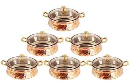 INDIAN ART VILLA Steel Copper Tuffen Casserole Bowl with Glass Lid, Serving Dishes Home Hotel Restaurant Tableware, 700 ML, Set of 6