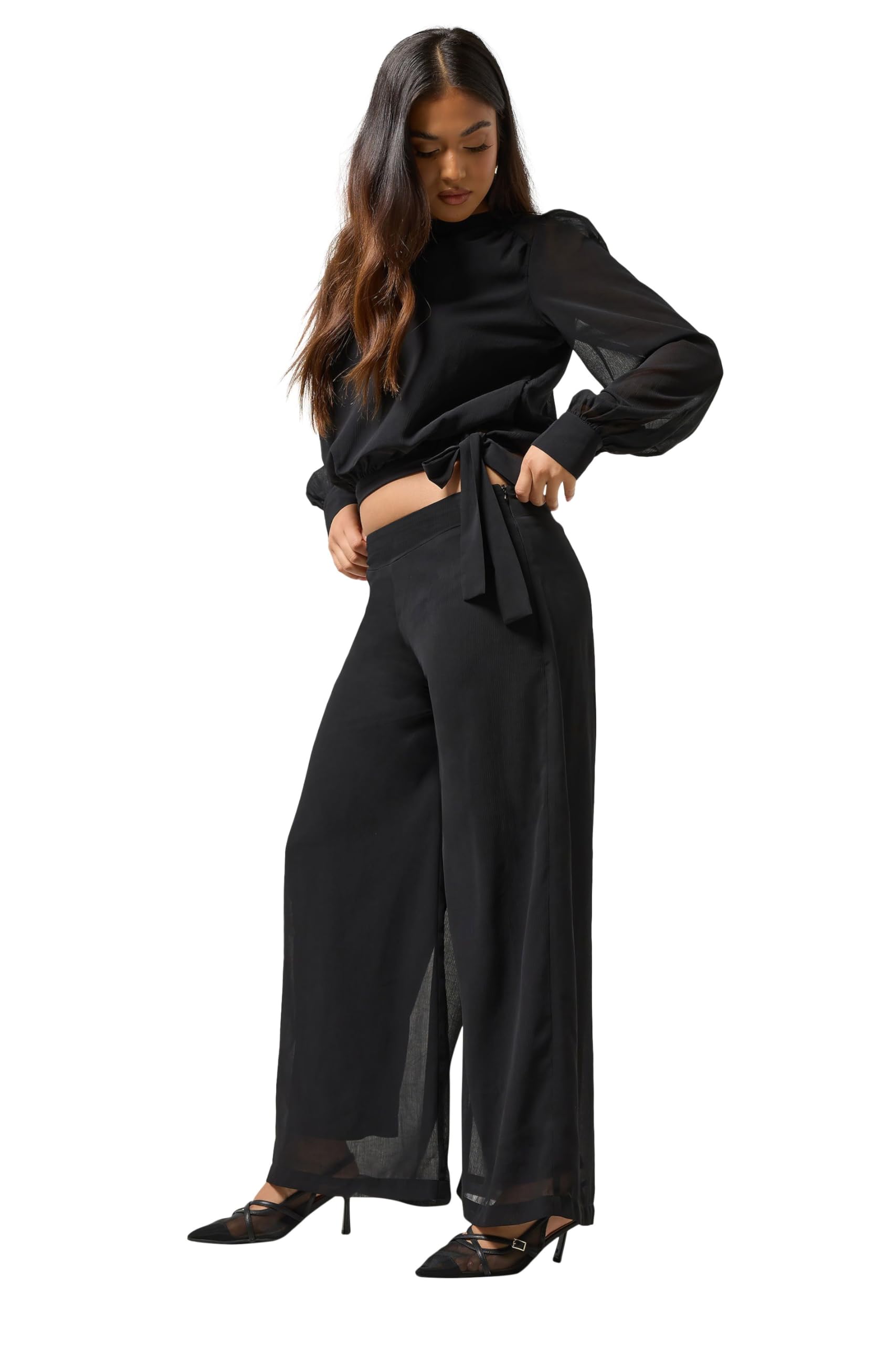 Pixiegirl Women's Black Petite Chiffon Palazzo Trousers Size 16