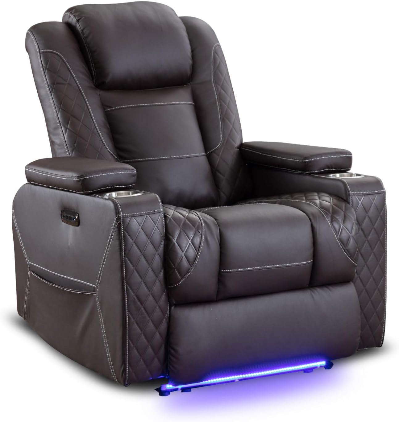 Houjud Power Recliner Chair, Electric Home Theater Seating Reclining Chair with Adjustable Headrest, LED Lighting, Hidden Arm Storage, Cup Holder for Living Room and Bedroom, PU Leather, Dark Brown