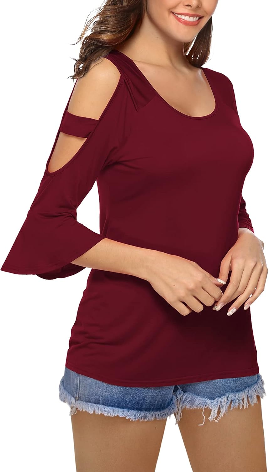 Florboom Womens Cold Shoulder Top Summer Basic T Shirts 3/4 Sleeve Casual Blouse Tshirts - Image 2