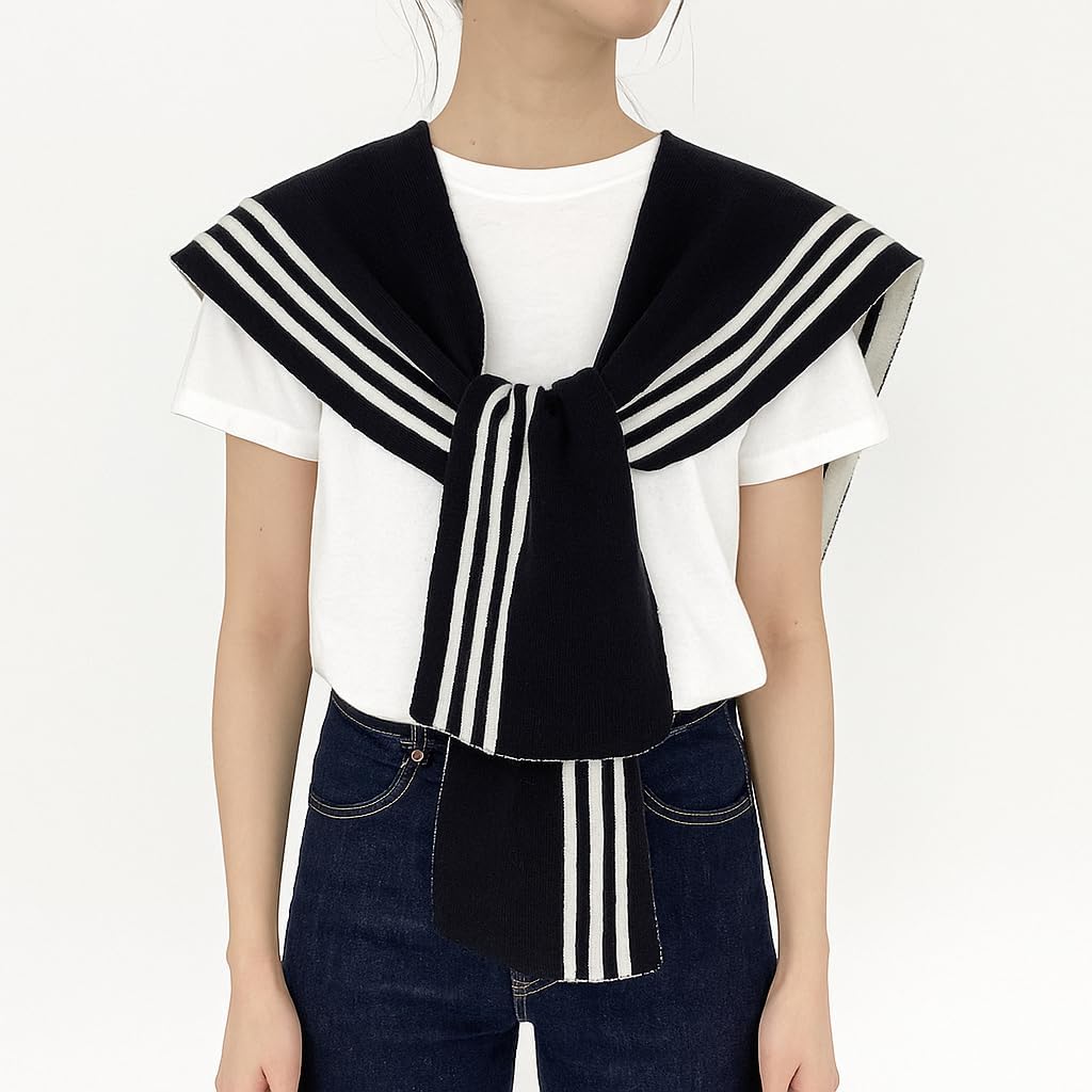 Women's Sweater Knitted Knotted Shawl Wraps,Black White Stripe Scarf Cape Tops Blouses Cross Front Poncho Sweater Wrap Knitted Shawl,Womens Shawls and Wraps - Image 3