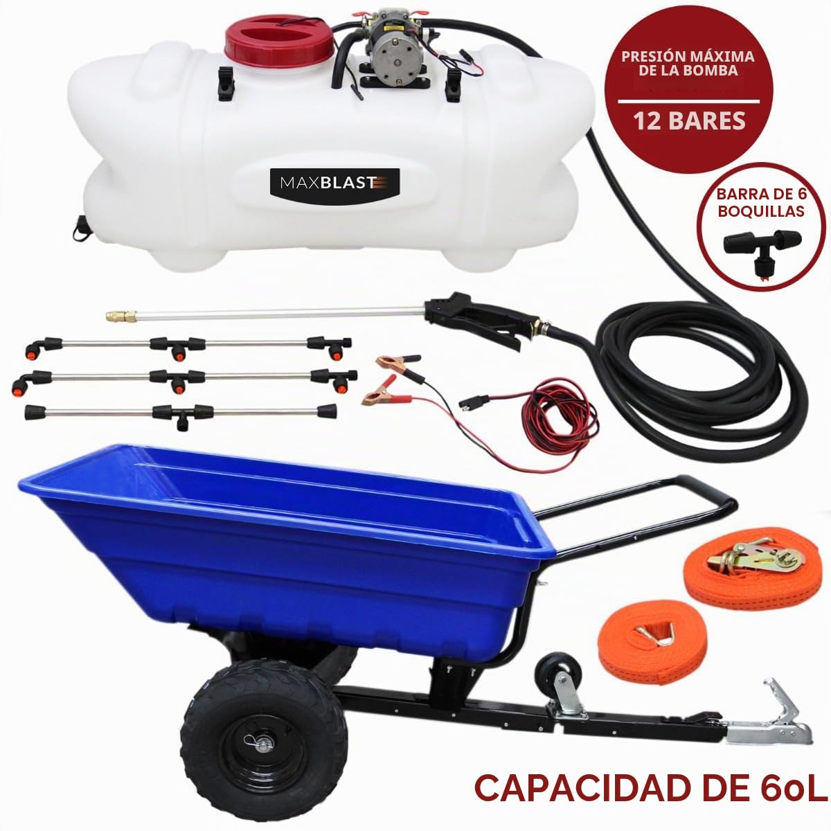 Conjunto de REMOLQUE ATV Todo Terreno 300x940x120mm con Neumáticos Capacidad 295kg y PULVERIZADOR con Tanque 60L de 400x380x400mm con 5m Cable y 5m Cinturón Seguridad Presión Máxima 12 bar