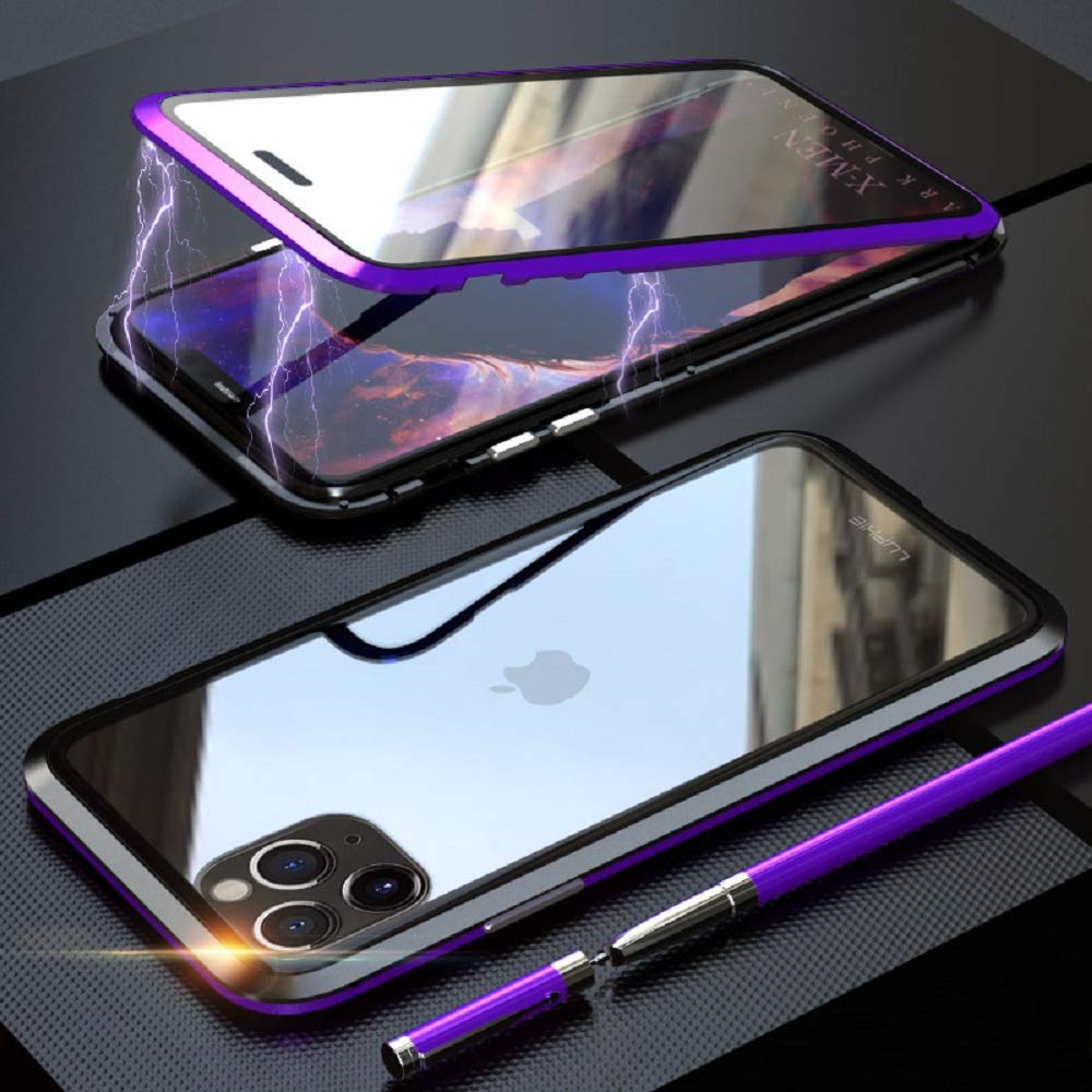 Taiyan iPhone 11 Pro Case Magnetic Adsorption Technology Metal Bumper Frame with Front and Back 9H Transparent Tempered Glass Screen Case 360 Degree Ultra Slim Full Body Protection Flip Cover,Purple