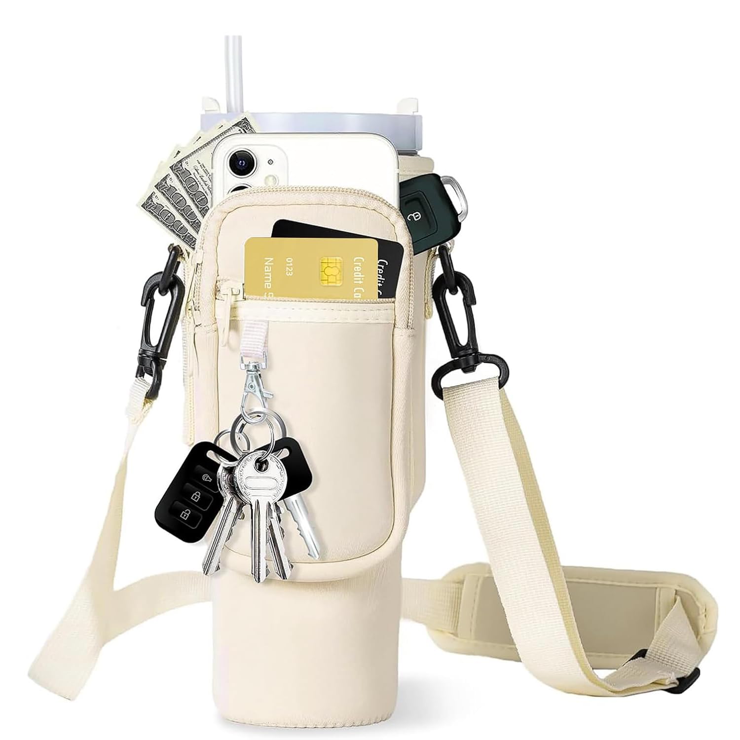 Water Bottle Holder with Strap for Stanley Cup Accessories 40 oz Water Bottle Carrier Bag with 2 Pocket Sling Neoprene,Adjustable Strap& Straw Cover.Water Bottle Sleeve for Walking Hiking Camping Gym