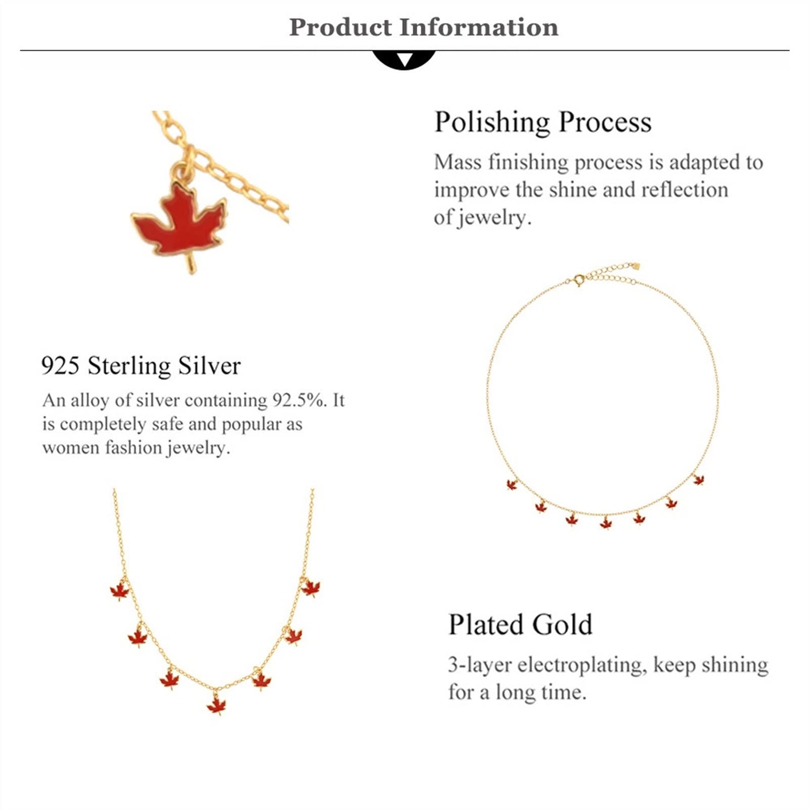 Collana da Donna 925 Sterling Silver Golden Acero Foglia a Pendente Collana Collana Collana Lunga Catena Rossa Smalto Signore Gioielli squisiti per Collezione Regali Decorazioni Costume