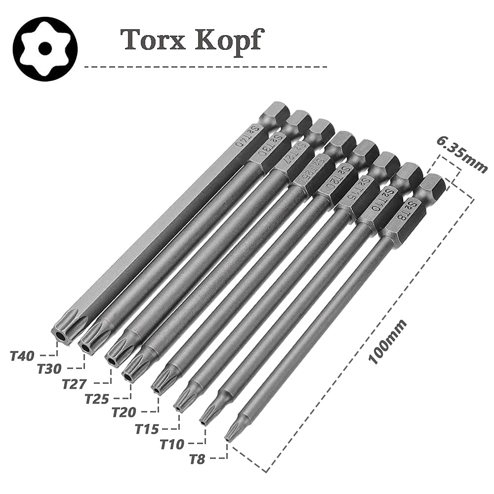 Mesee 23-częściowy zestaw długich końcówek do wkrętarek, stal S2, magnetyczne 1/4" sześciokątne końcówki Torx + zestaw końcówek krzyżowych + zestaw końcówek sześciokątnych, 100 mm