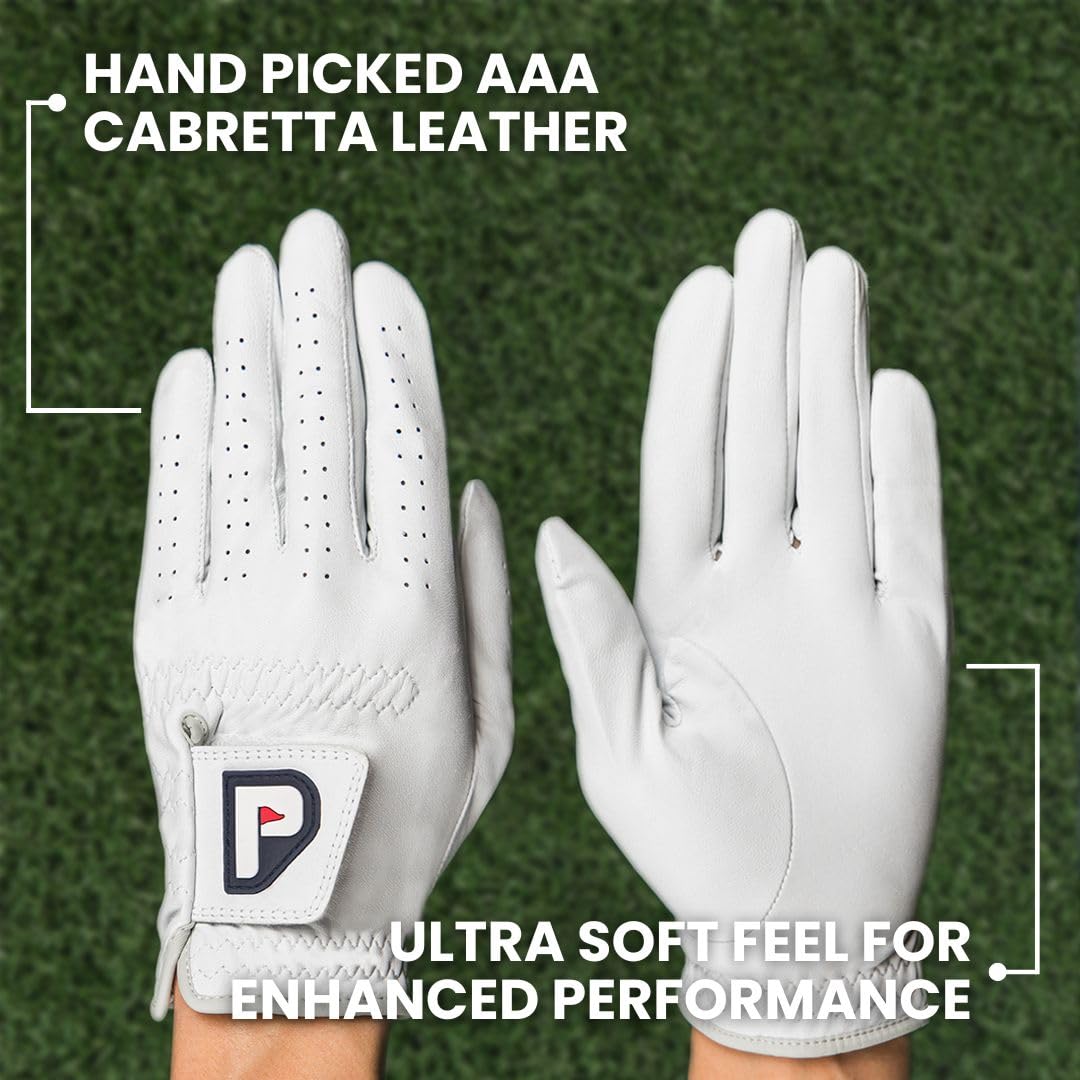 PUR3 2 Pack Golf Gloves Men | Real Genuine Cabretta Leather Glove - Super Soft Feel - Ball Marker Included - Mens Golf Gloves Left Hand or Right Hand
