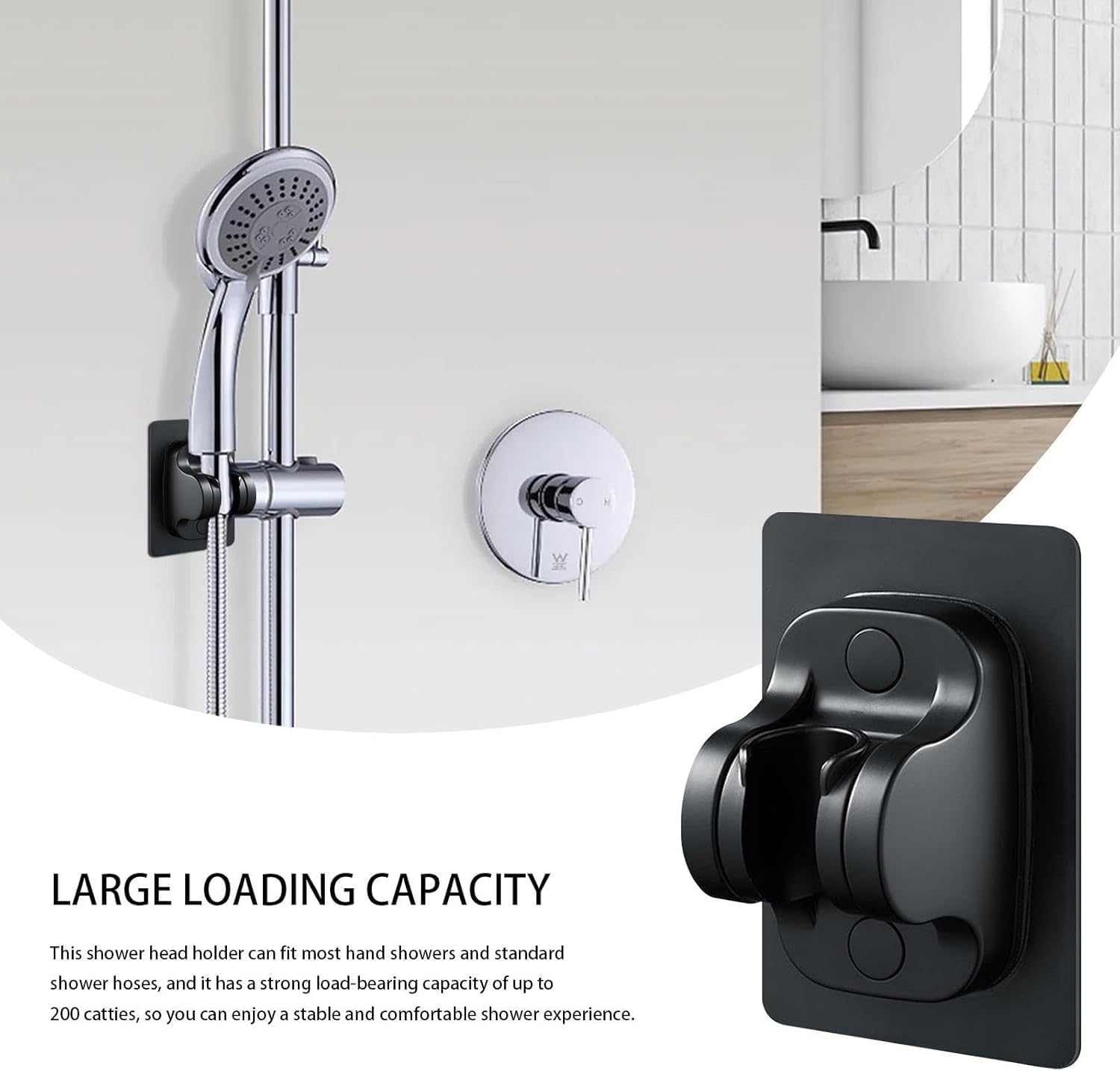 CharmRoc Strong Adhesive Shower Head Holder – Adjustable Wall Mount Bracket With Swivel, 2 Hanger Hooks, No-Drill Installation (Alumina, Silver)