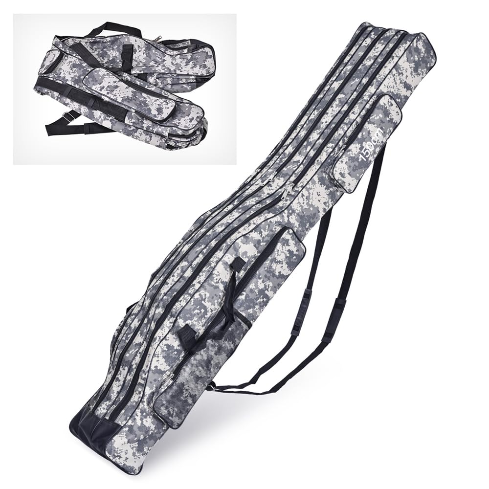 Borsa da Pesca Portatile Mimetica - 120 cm 150 cm, Grande Capacità, Custodia per Mulinello e Attrezzi Con Esche, Grigio Mimetico, L (150cm), Moderno