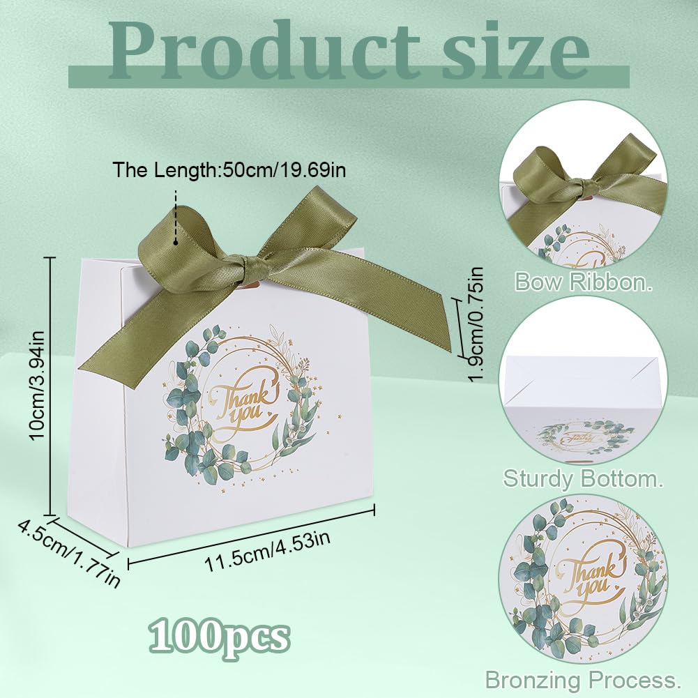 FREEBLOSS 100 Packung Kleine Gastgeschenktüten Mit Grüner Schleife Und Eukalyptusblättern Ideal als Gastgeschenk Für Hochzeiten Geburtstage Babypartys Oder als Mitbringsel (4.5" x 1.8" x 3.9" cm).