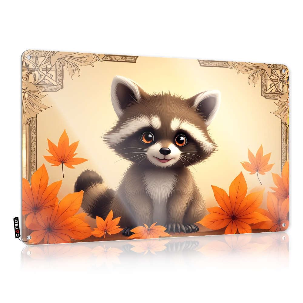 Painting Space Tin Wall Decor - A Cute Raccoon Surrounded By Autumn Leaves. Private Rustic Wall Hanging(30X40CM)