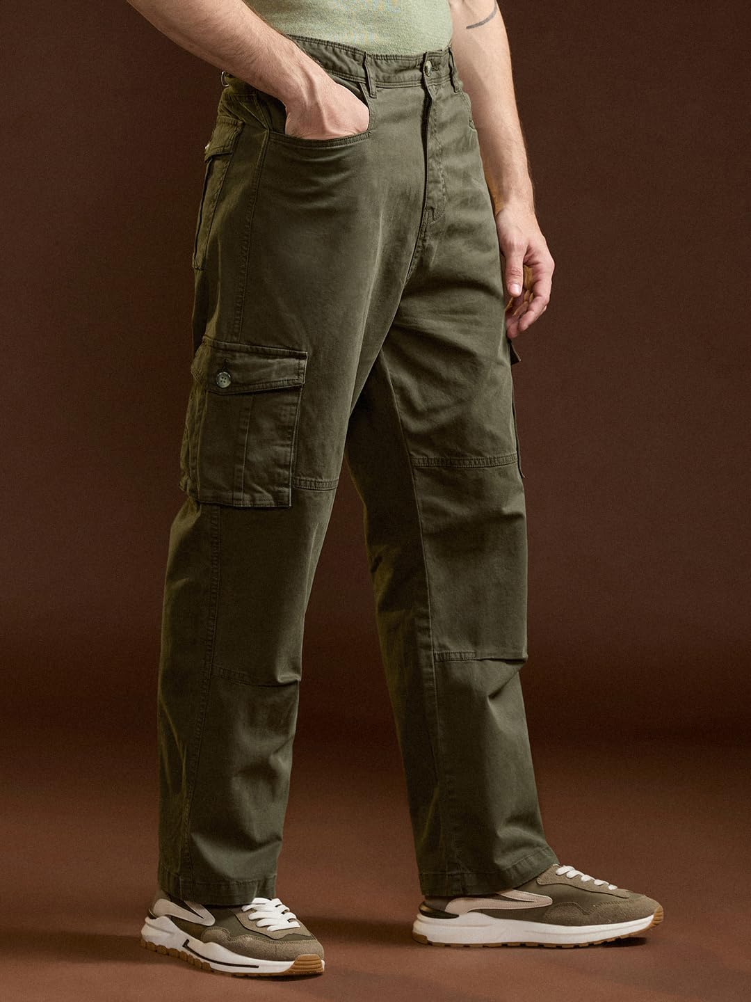 THE BEAR HOUSE Men's Olive Green Cotton Solid Utility Cargo 2