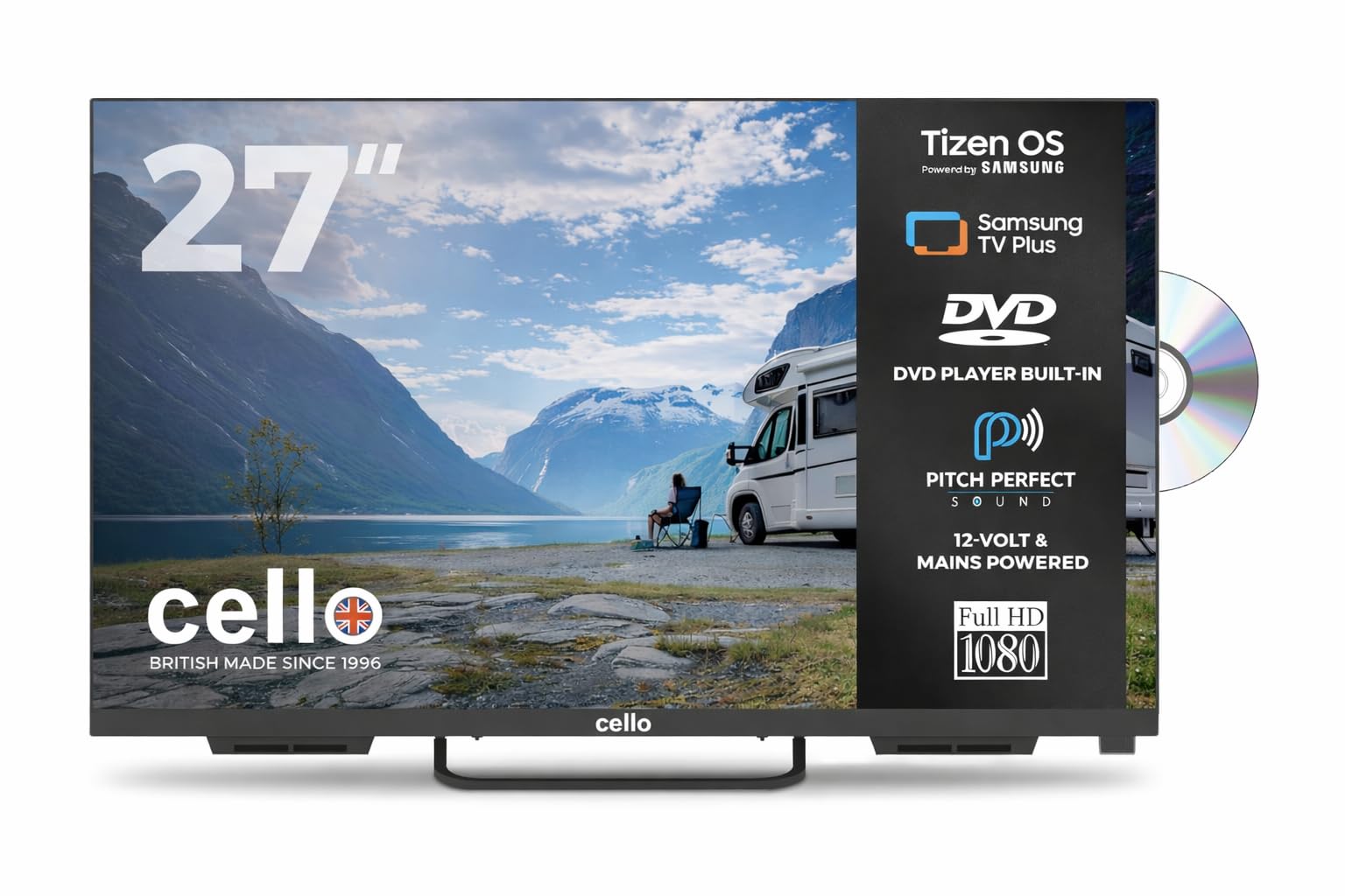 Cello Ctrav-27TZF TV/DVD Smart 27" 12V con Tizen OS di Samsung, altoparlanti Pitch Perfect, Bluetooth, HDMI, USB, prodotto nel Regno Unito, ideale per camper e barche.