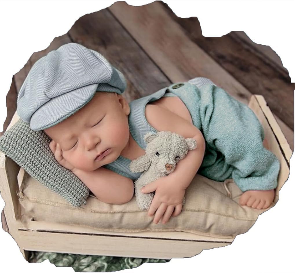 Ylsteed Newborn Photography Outfits - 2Pcs Boy Girl Baby Photoshoot Props, Gentleman Suit With Suspender Pants and Beret, 0-3 Months (Light Blue)