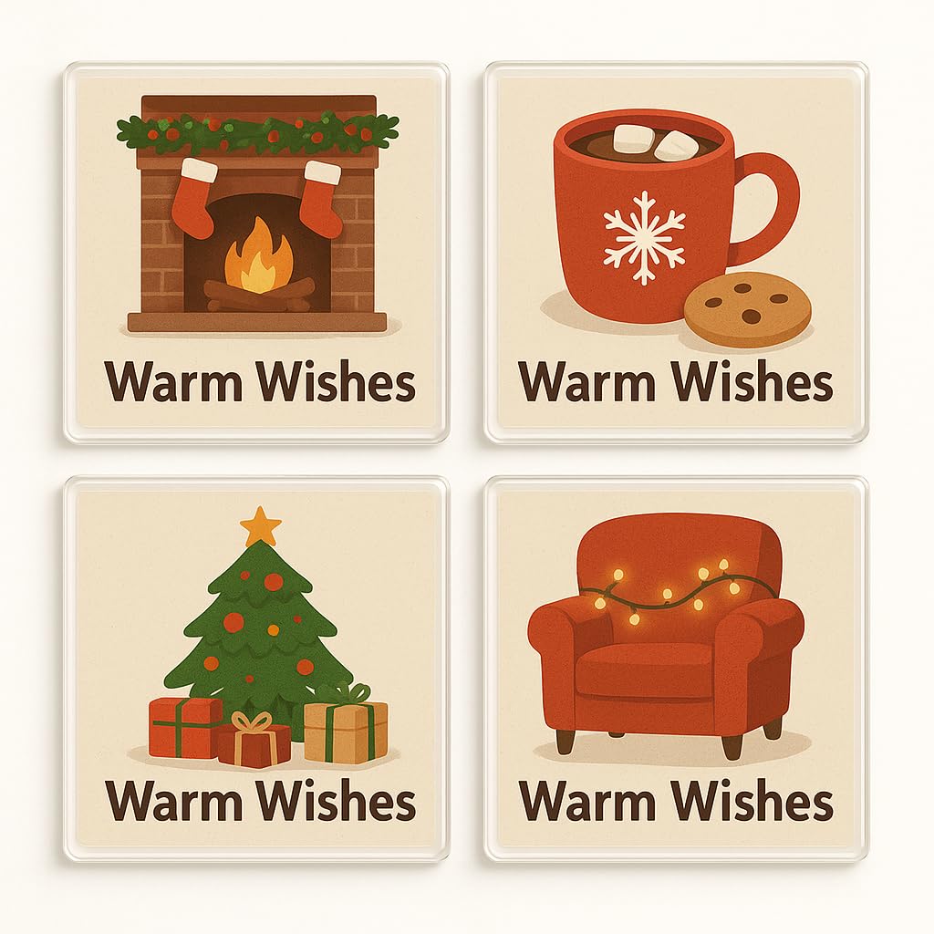 The Plum Penguin Hygge Hearths Acrylic Christmas Coaster Gift Set Of 4 With Cosy Xmas Scenes - Holiday Decor For Festive Home Ambience
