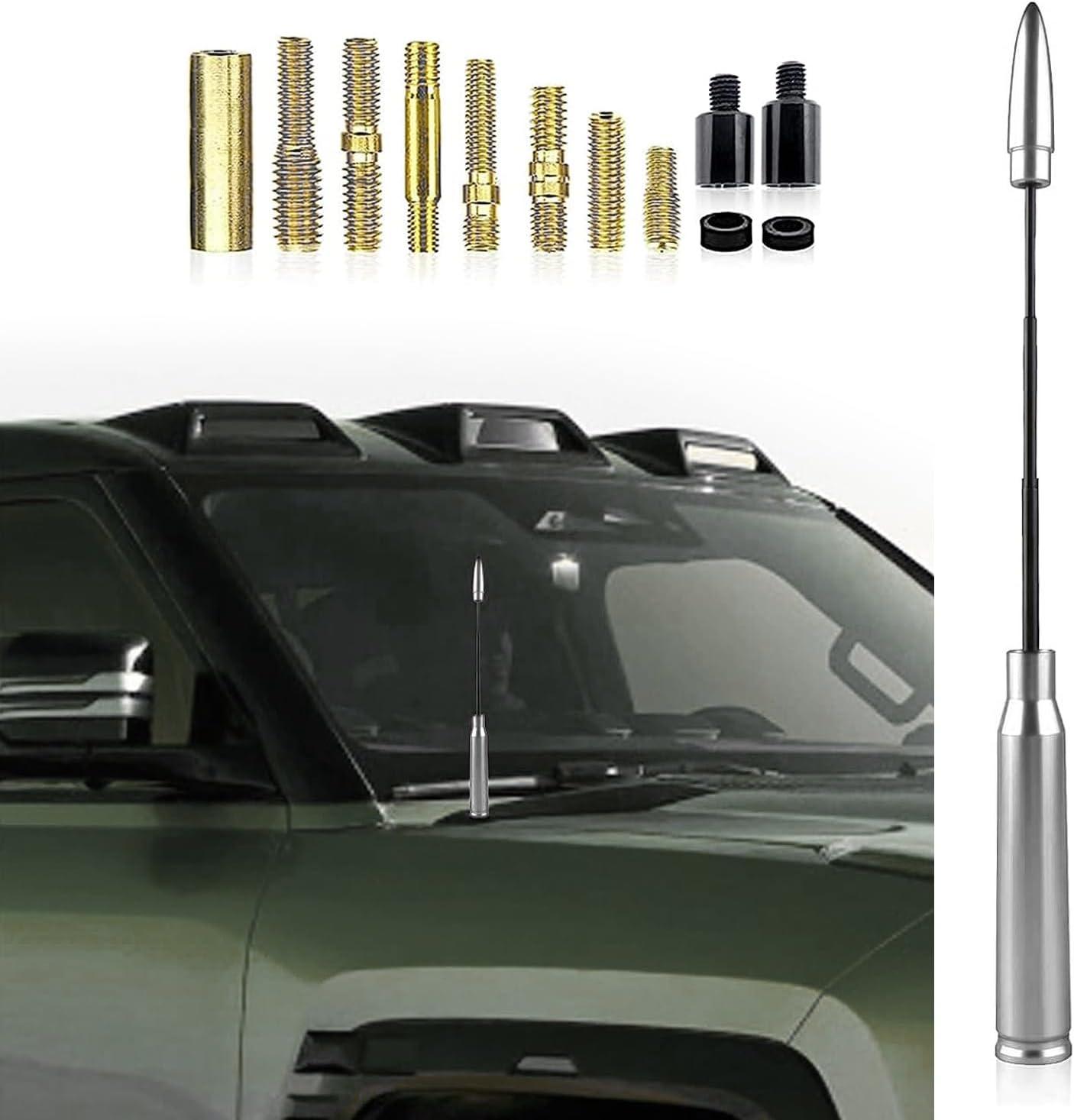 1 PC Car Bullets Universal Antenna, Can Be Regulat Length Personalized Decoration Modification, Telescopic Antenna, Suitable for Most Cars (Silver)