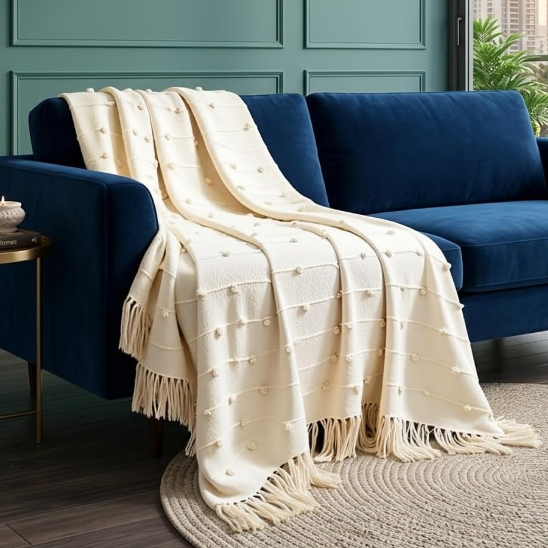 SAJAVAT HOME Hand-Knitted Pure Cotton Throw | 80x52 Inches/204x132 Cm | Decorative Large Throw for Sofa, Bed, Chair & Travel - Ideal for All Season | Beige with Tassels | Pack of 1-image-44