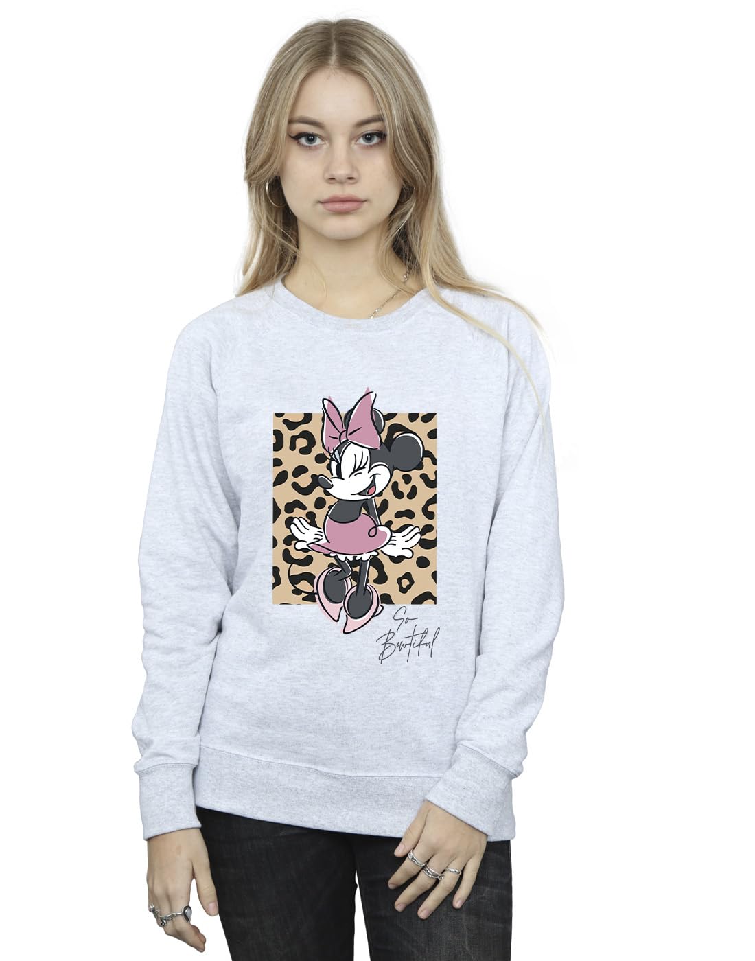 Disney Women's Minnie Mouse So Bowtiful Leopard Sweatshirt Sport Grey Medium