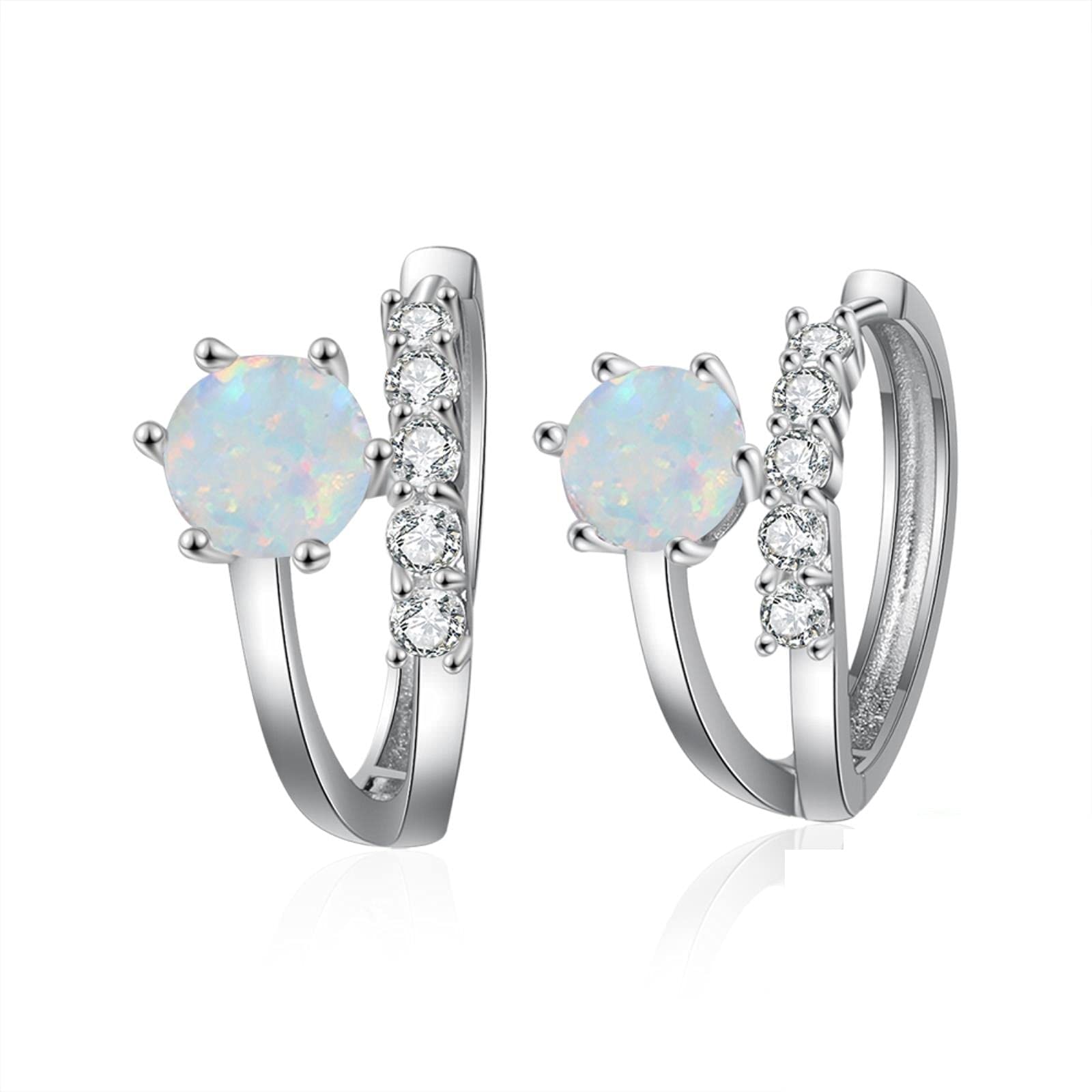 SALAN Pendientes De Aro De Plata De Ley 925 para Mujer Pendientes De Piedra De Ópalo De Fuego Blanco Pendientes De Círculo Cz Transparente Joyería Fina