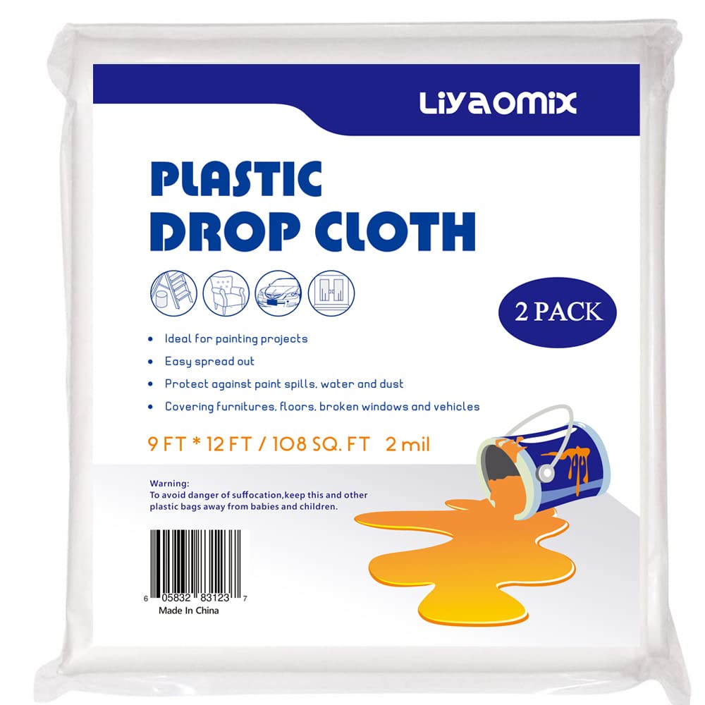 Photo 1 of Liyaomix 2-Pack 2 Mil Plastic Drop Cloth 9ft x 12ft, Heavy Duty Painters Drop Sheet, Waterproof Plastic Painting Tarp for Painting Renovations - Floor Covering & Dust Cover