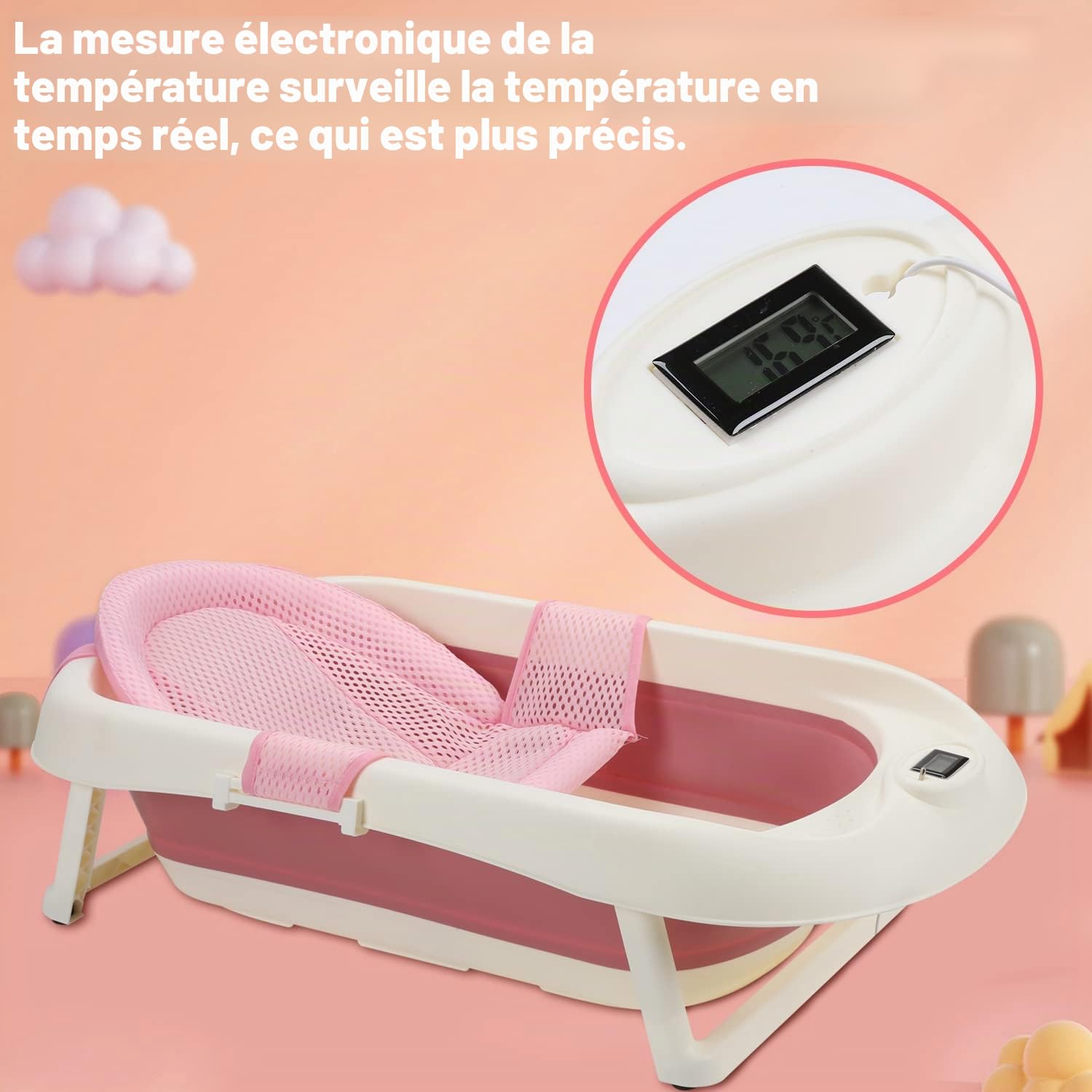 Sonnewelt Baignoire pour bébé, pliable, avec thermomètre, tapis de bain et gobelet de toilette pour cheveux, pour nouveau-né à partir de 0 à 3 ans, rose