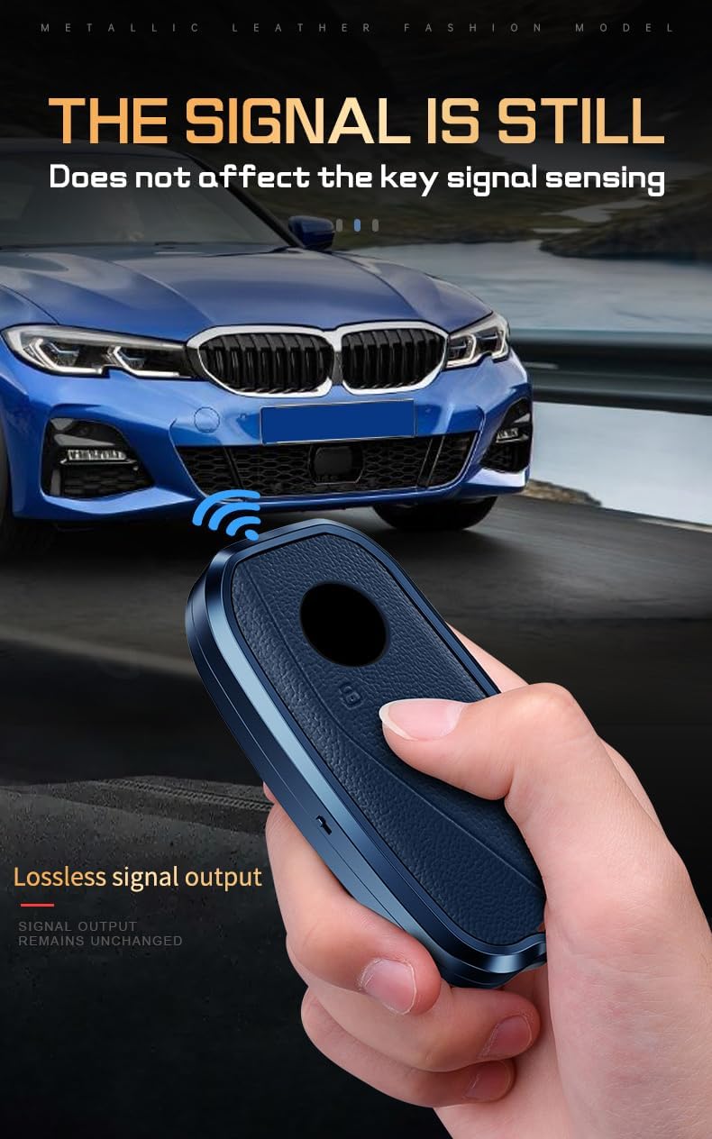 HIBEYO for BMW IX 2023 Key Fob Cover Protect for BMW 7 Series 760i X7 IX i7 XM 2023 Smart Key Accessories Key Shells with Keychains Aluminium and Genuine Leather Material-Blue