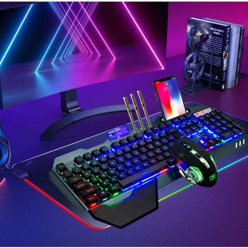 Teclado y ratón inalámbricos para juegos,ratón recargable con retroiluminación arco iris con panel de metal de batería de 3800 mAh, teclado mecánico extraíble y ratón de silencio para juegos
