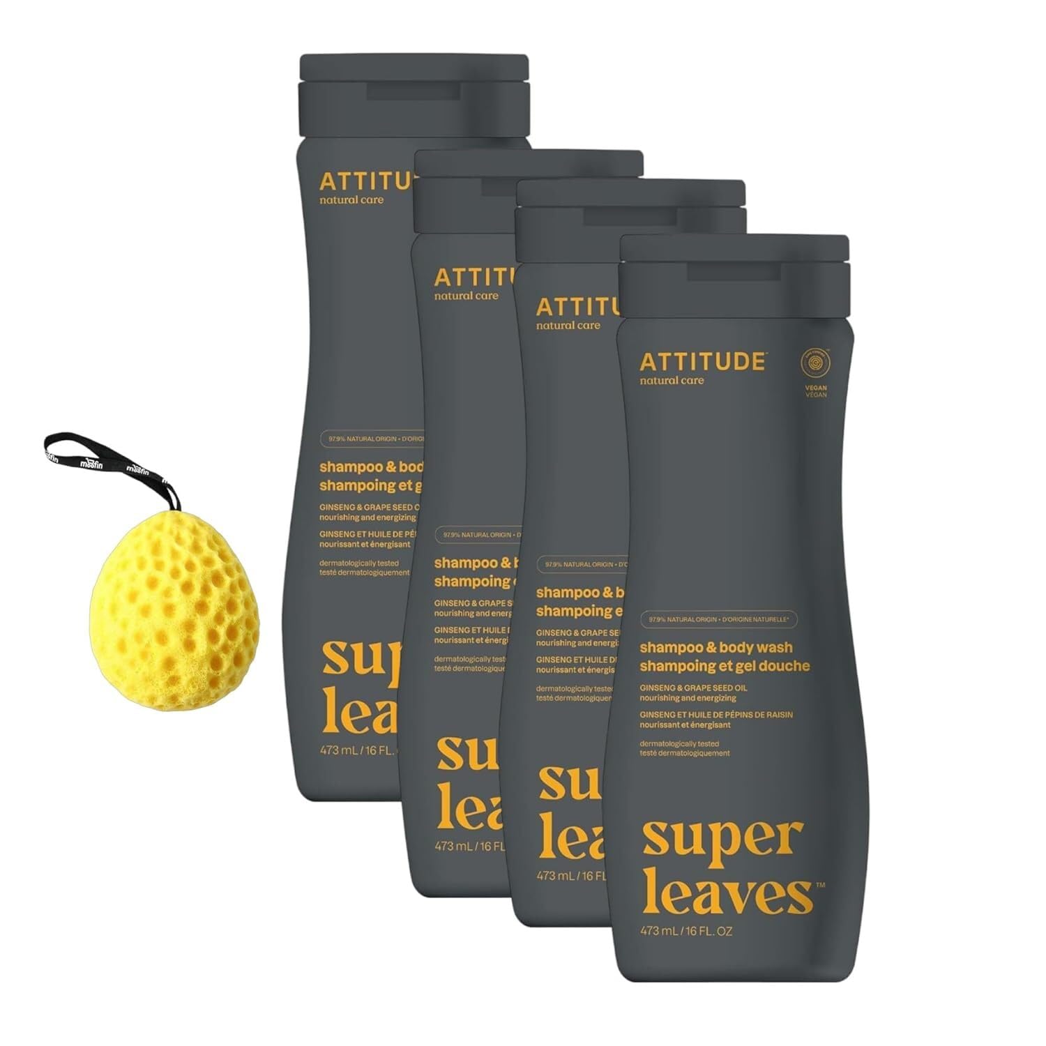 2In1 Shampoo & Body Wash, 16 Fl Oz. | Bundle Bath Sponge - Body Shampoo, Plant & Mineral-Based, Ewg Verified, Cruelty-Free, Offers A Refreshing Scent (Pack Of 4)